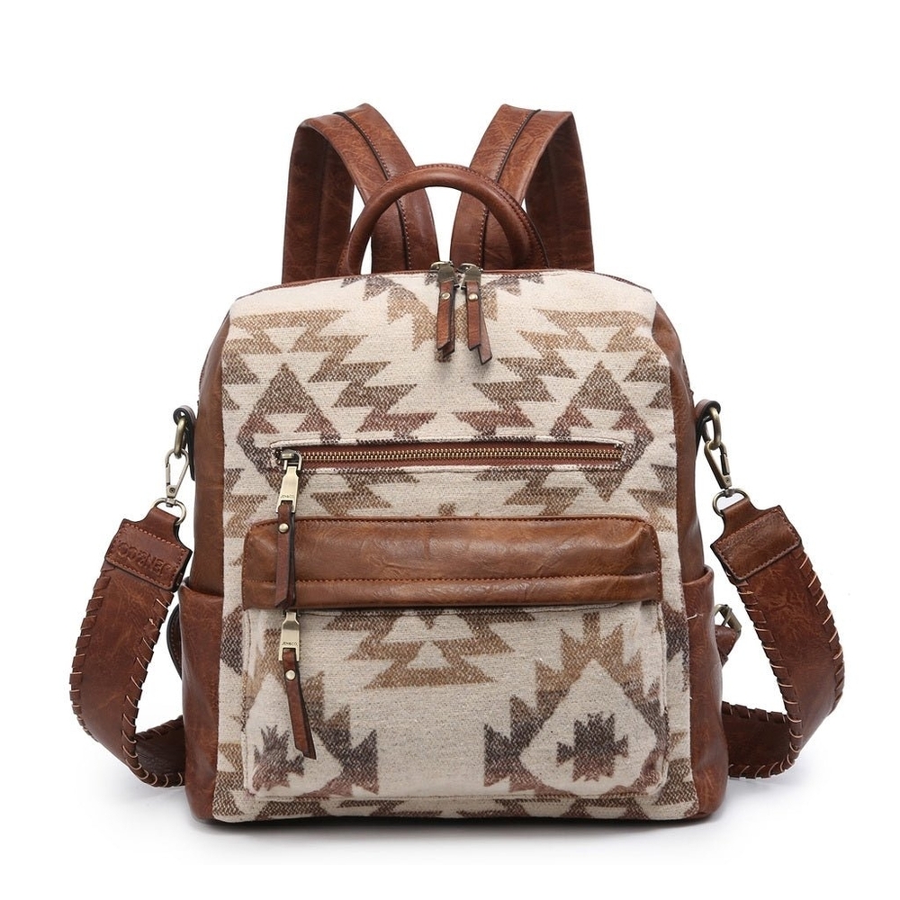 Jen & Co Aztec-Pattern Canvas & Faux Leather Brown Backpack